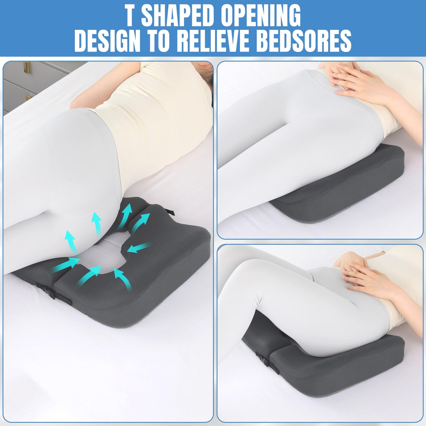 HOMBYS Memory Foam Bed Sore Cushions for Butt,Bedsore Pressure Relief Pillow for Sleeping and Sitting,Cushion for Bed Sores on Buttocks, T Shaped Opening Tailbone Pillow, Patent Pending(Dark Grey)