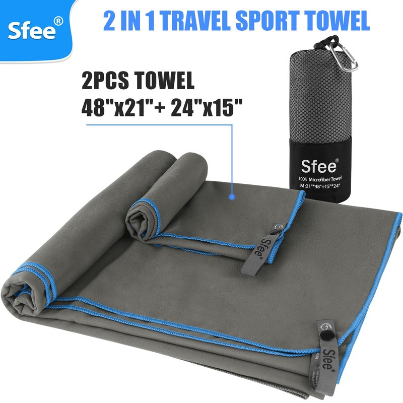 Sfee 2 Pack Microfiber Travel Towel, Quick Dry Towel Camping Towel Super Absorbent Compact Lightweight Sports Towel Swim Gym Towels Beach Towel Set for Gym, Hiking, Pool, Backpacking, Bath, Yoga