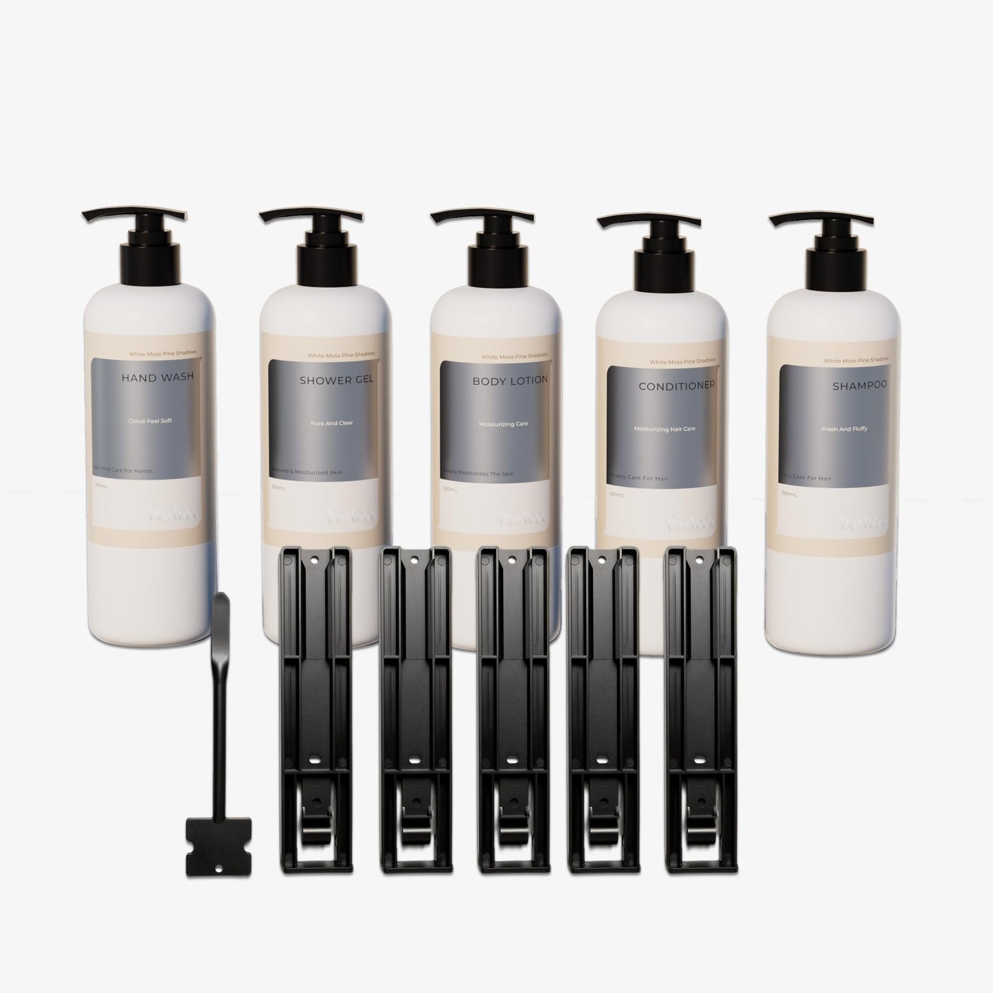 OUSTANE Floral White Moss Pine Shadows Hotel Toiletries Amenities Set (8 Pack) Bulk Hotel Amenities- 2-Shampoo, 2-Body Wash, 2-Hand Wash, 1-Conditioner and 1-Body Lotion, With bracket