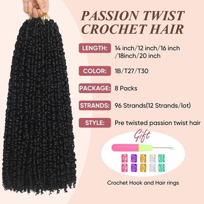 12 Inch Passion Twist Crochet Hair 1B# 8 Packs Passion Twist Crochet Hair Pre looped Natural Balck Water Wave Hair Pre Twisted Crochet Hair for Women