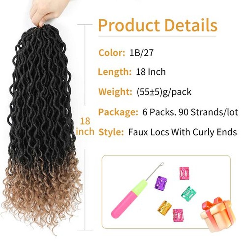 Faux Locs Crochet Hair 18 Inch 6 Packs Ombre Goddess Locs Crochet Hair For Black Women Pre Looped Faux Locs With Curly Ends Synthetic Loc Hair Extensions(1B/27, 18 Inch, 6 Packs)