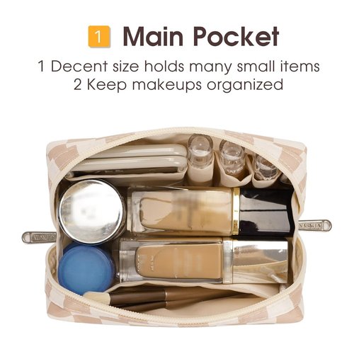 Narwey Small Checkered Makeup Bag for Purse Travel Makeup Pouch Mini Cosmetic Bag for Women (Light Checkerboard, Small)