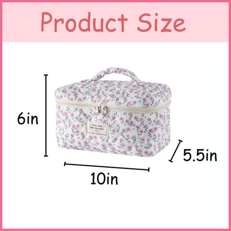 uekeboag Large Travel Quilted Makeup Bag for Women, Floral Cotton Cosmetic Bag, Coquette Aesthetic Floral Toiletry Organizer Bag(Little Purple Flower
