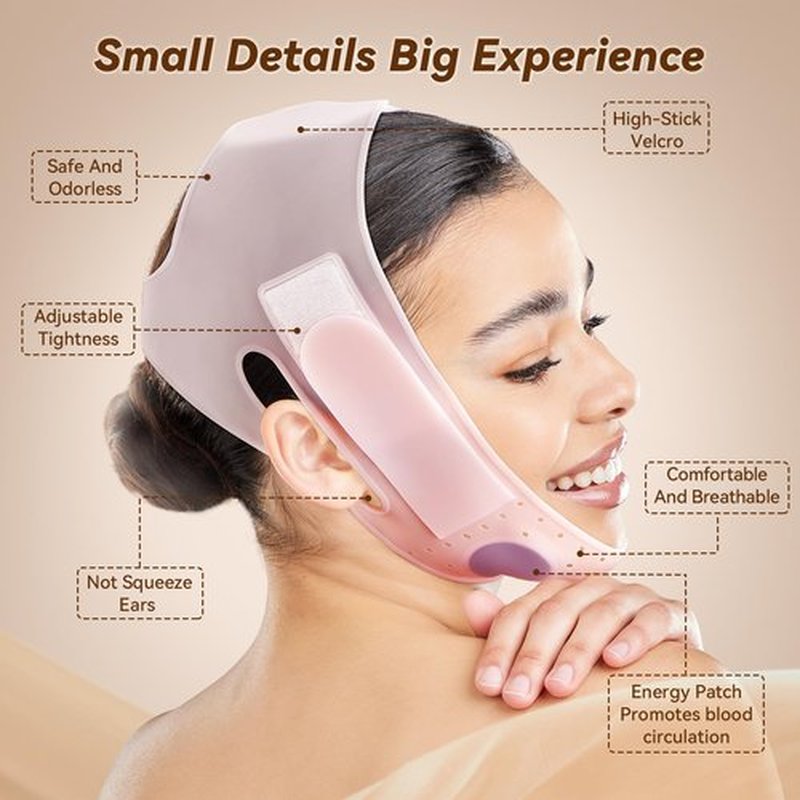 JUSRON V-Line Mask Chin Up Mask Face Strap, Soft Silicone Chin Strap V Shaped Face Mask, Jaw Exerciser 23-27 Inches (Pink)