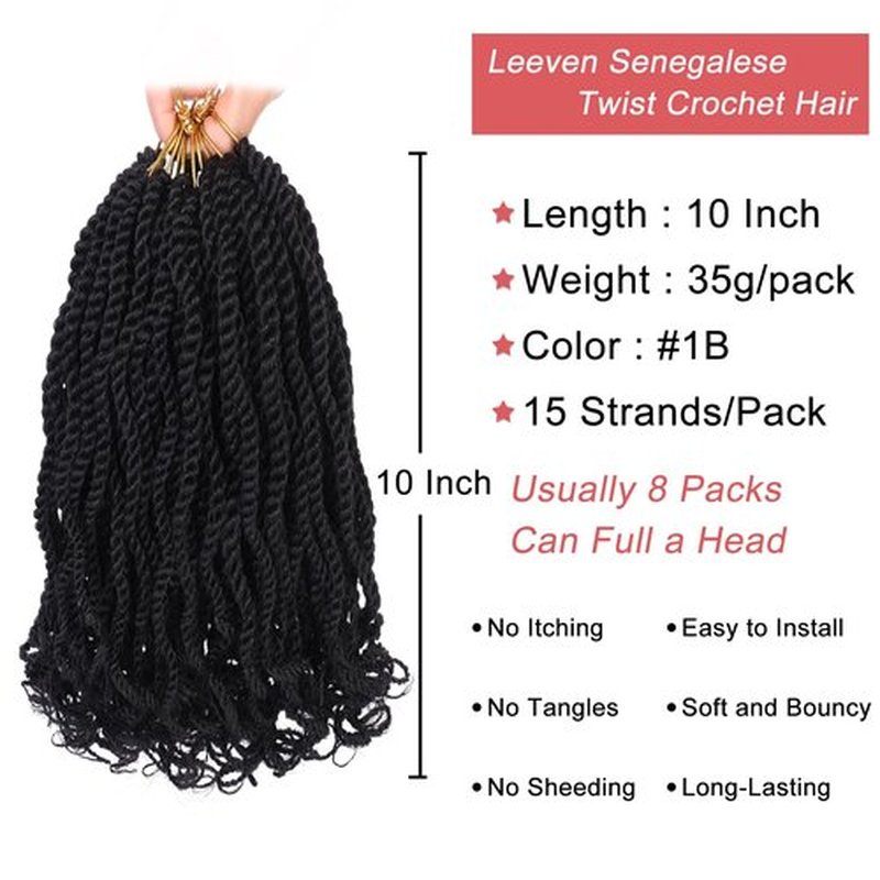 Leeven 10 Inch Wavy Senegalese Twist Crochet Hair with Curly Ends 2 Packs Black Short Pre Looped Crochet Braids Small Hanava Twist Synthetic Middle Crochet Twist for Women Girl Kids