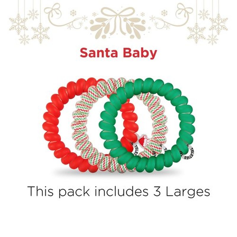 TELETIES - Large Spiral Hair Coils - Holiday Collection - Ponytail Holder Hair Ties for Women - Phone Cord Hair Ties - Strong Grip, No Rip, Water Resistant, No Crease - 3 pack - Santa Baby