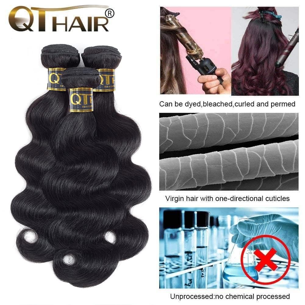 QTHAIR 14A Human Hair Bundles with Transparent Hd Lace Frontal (14 16 18+14) Body Wave Bundles with Lace Closure Brazilian Human Hair Weave Bundles with 13x4 Frontal Virgin Hair Weft 150% Density
