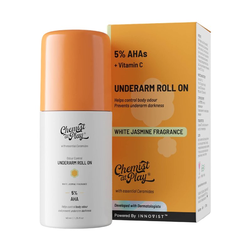 Chemist at Play UnderArm Roll-On with 5% AHA|Lactic & Mandelic Acid|Prevents Odour, Brightens Skin & Exfoliates Underarm|For Sensitive Skin|White Jasmine Fragrance|Alcohol & Aluminium Free| 1.35 fl oz
