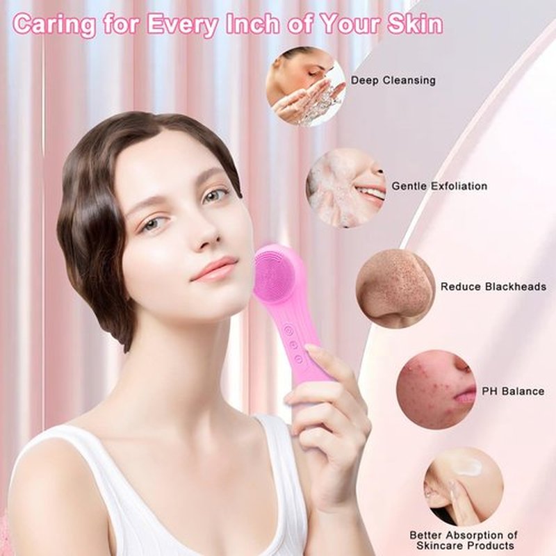 Feoflen Silicone Face Scrubber Exfoliator, Silicone Face Wash Brush for Men & Women, Ipx7 Waterproof Rechargeable Facial Cleaner for Deep Cleansing, Exfoliating, Massage Face Scrubber (Rose red)