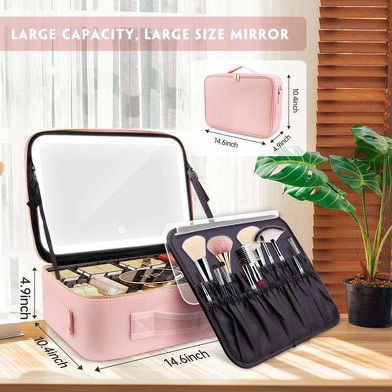 Smacen Large capacity Cosmetics Train Case with LED Lighted Mirror Rechargeable 3 Color Lights Adjustable Brightness Portable Makeup bag with Adjustable Dividers and Shoulder Straps (Pink)