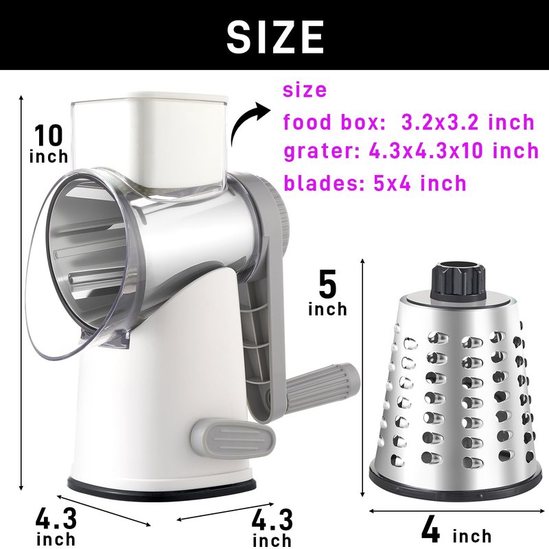 Weltonhm Rotary Cheese Grater with 4 Blades, Hand Crank Cheese Grater with Waffle Slicer, Black and White Cheese Slicer with Suction Base, Easier for Shredding& Grating (White and Grey, 4 Graters)