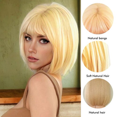 Tangyaoyusun 12Inch Brown Mix Blonde Wig with Bang Short Straight Bob Hair For Girls Women Theme Party(Blonde)