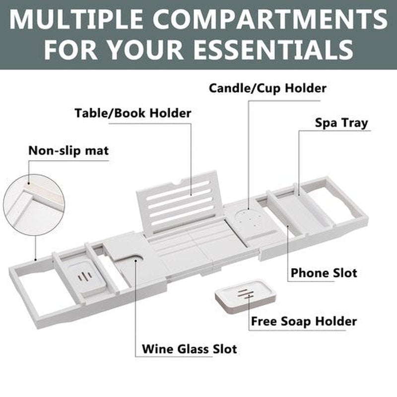 HBlife Bathtub Caddy Tray Foldable Bamboo Bath Table Tray with Book and Wine Glass Holder, Expandable Bathroom Accessories