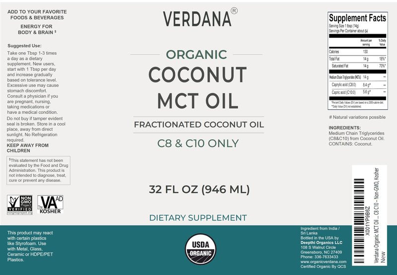 Verdana USDA Organic Coconut MCT Oil, 32 fl oz, Food Grade, C8 & C10 Only, Non-GMO, Kosher, Keto & Paleo Friendly, No Palm Kernel Oil