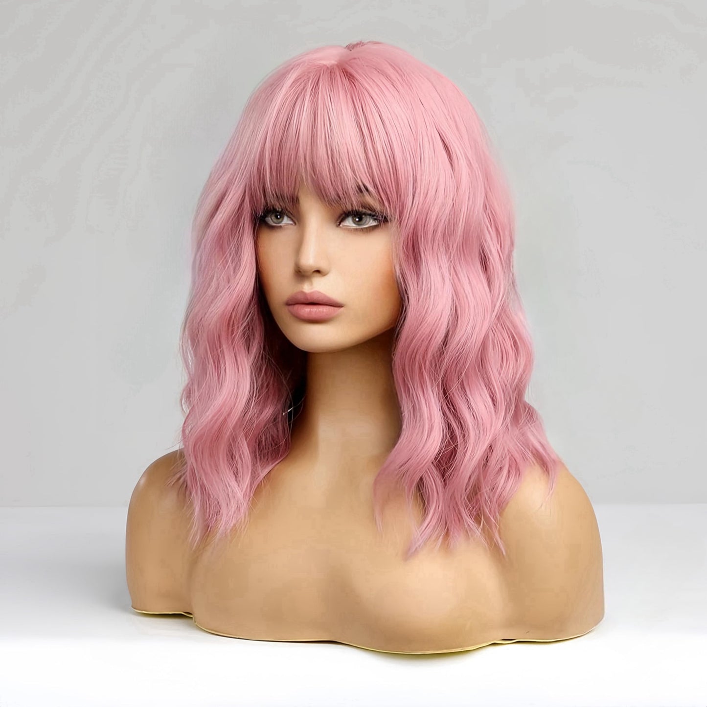 incohair Pink Wig with Bangs Short Curly Pink Bob Wig for Women Girls Synthetic Cosplay Party Wigs Wig Cap Included (Pink)