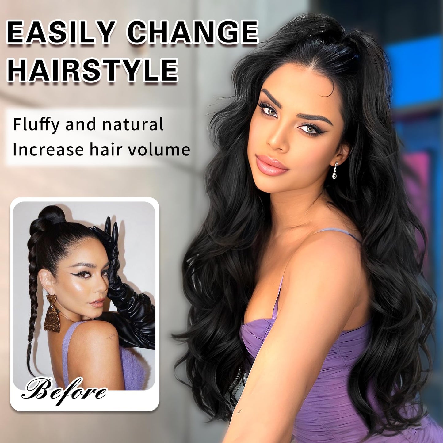 SHNMIN Ponytail Extension, Drawstring Ponytail Extension for Women 24 inch Long Wavy Pony Tails Clip in Ponytail Hair Extensions Synthetic Layered Ponytail for Daily Use