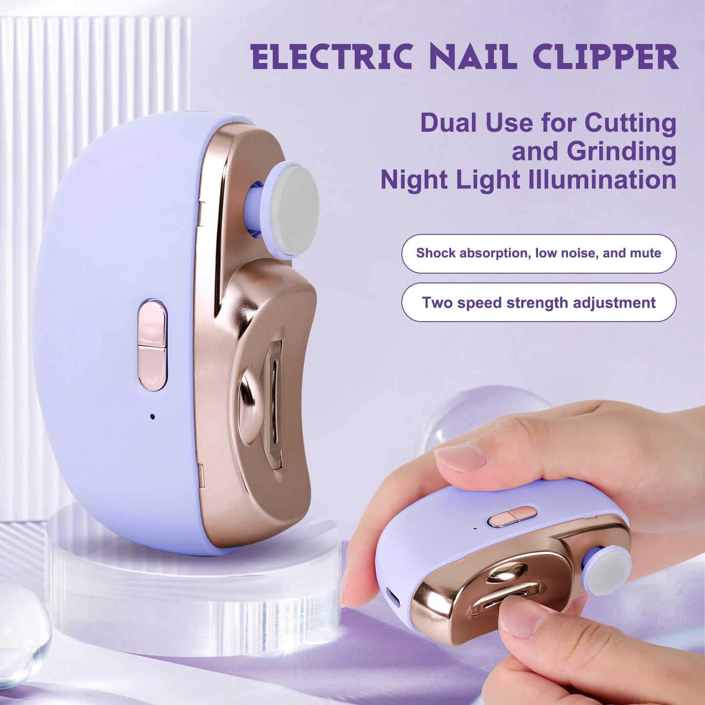 3 in 1 Automatic Electric Nail Clipper with Polishing, Safe and Convenient Nail Trimmer with Nail Clip Storage, 2 Speed Electric Toe Nail Clippers Nail Cutter with Light for Kids Adults (Purple)