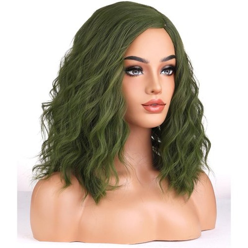 BERON Green Wigs for Women Short Curly Bob Wavy Wig Girls Olive Color Body 14'' Heat Resistant Synthetic Hair Wig Cosplay Daily Party Wigs