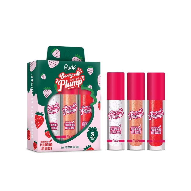 RUDE Berry Plump Plumping Lip Gloss Trio Set, High-Shine, Non-Sticky, Hyaluronic Acid, Shea Butter, Vitamin E, Vegan, 3 Piece Value Bundle (Crystal Clear/Fairy/Strawberry Kiss)