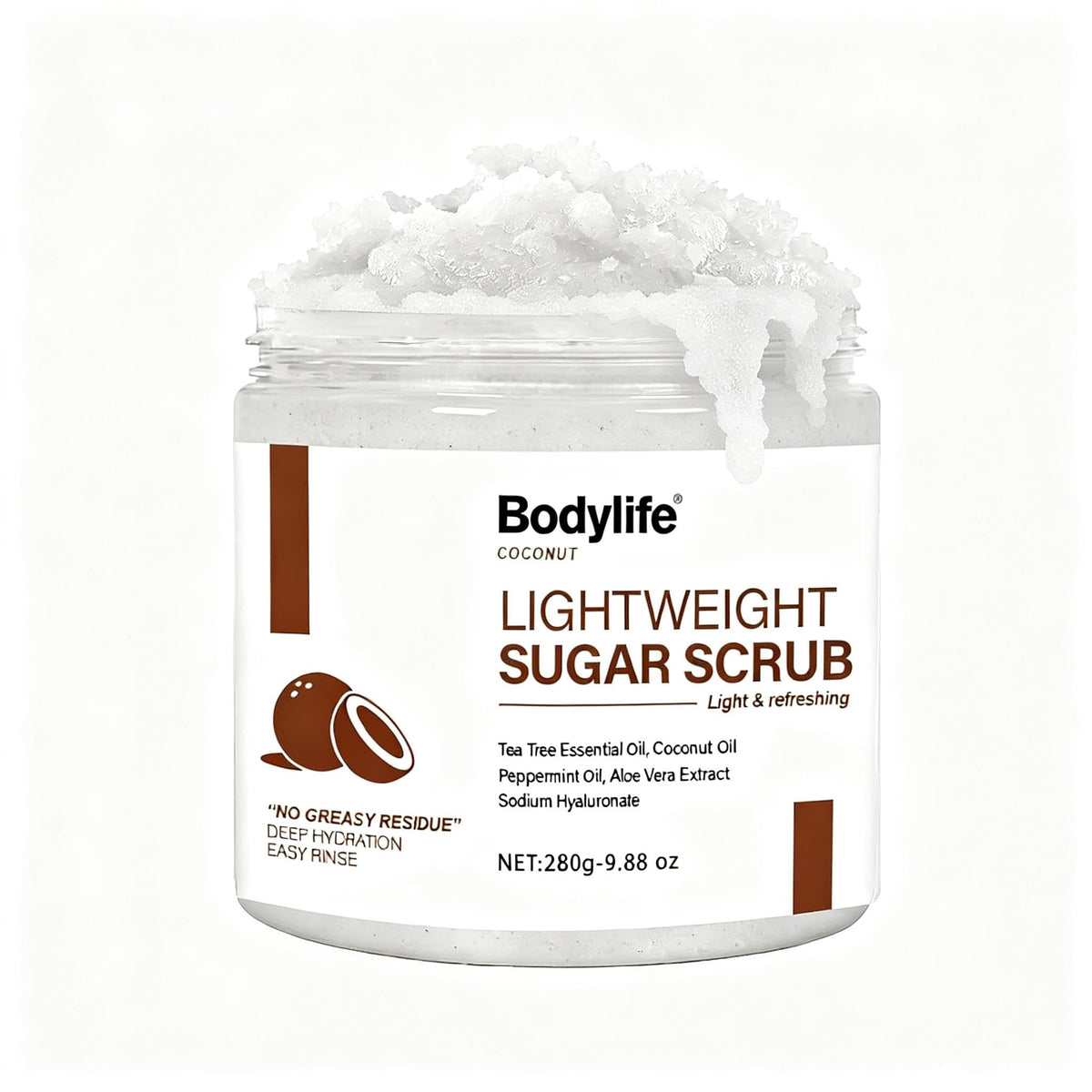 Coconut Sugar Scrub for Body Face & Feet - Suitable for Sensitive Skin, Vegan Natural Non-Greasy with Coconut Oil & Aloe Vera, Gentle Moisturizing Exfoliator(9.88 Oz)