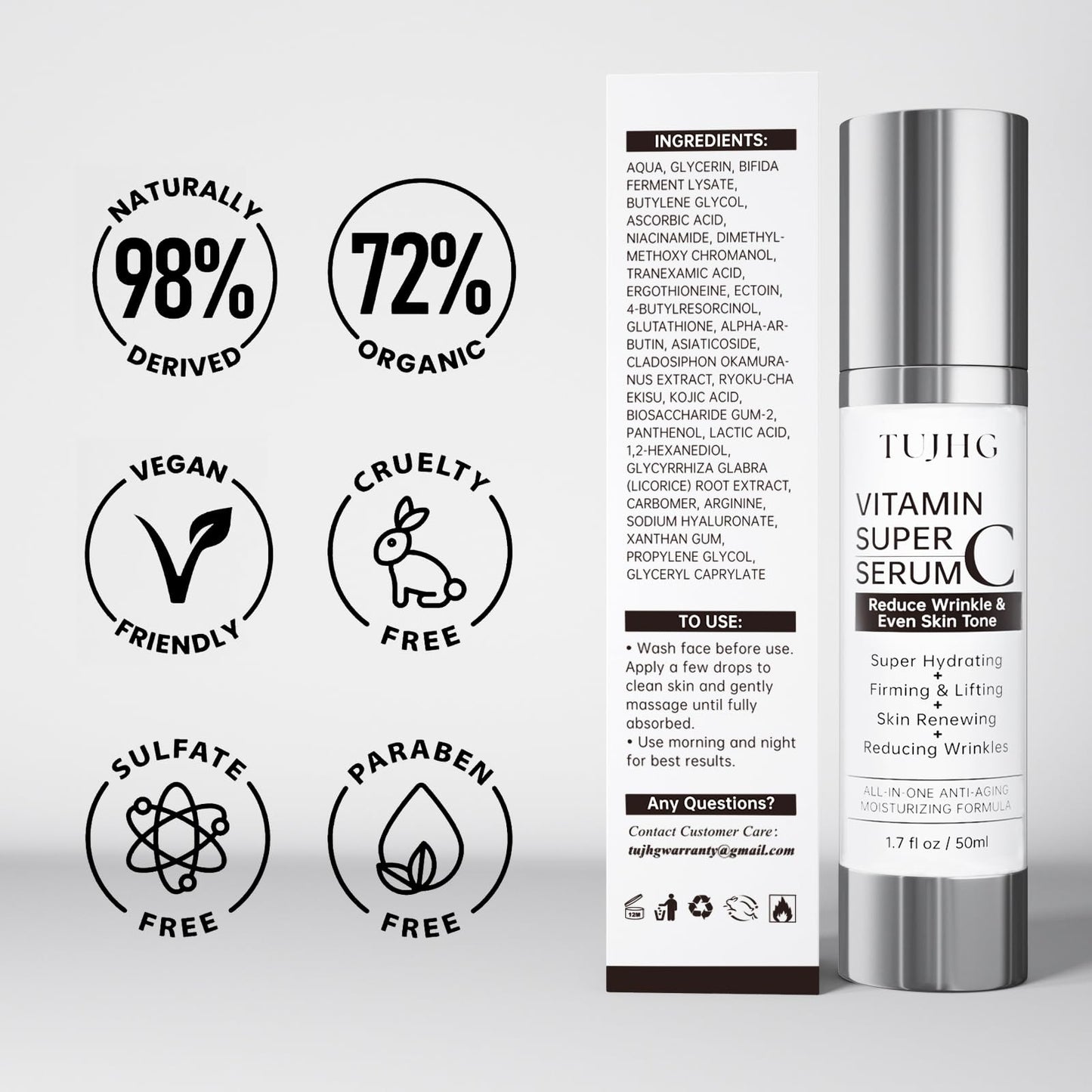Vitamin C Serum for Face, Brightening & Anti-Aging with Hyaluronic Acid, Vitamin E, Peptides, Collagen - Hydrates, Firms, Lifts, Smooths, 1.7 Fl Oz