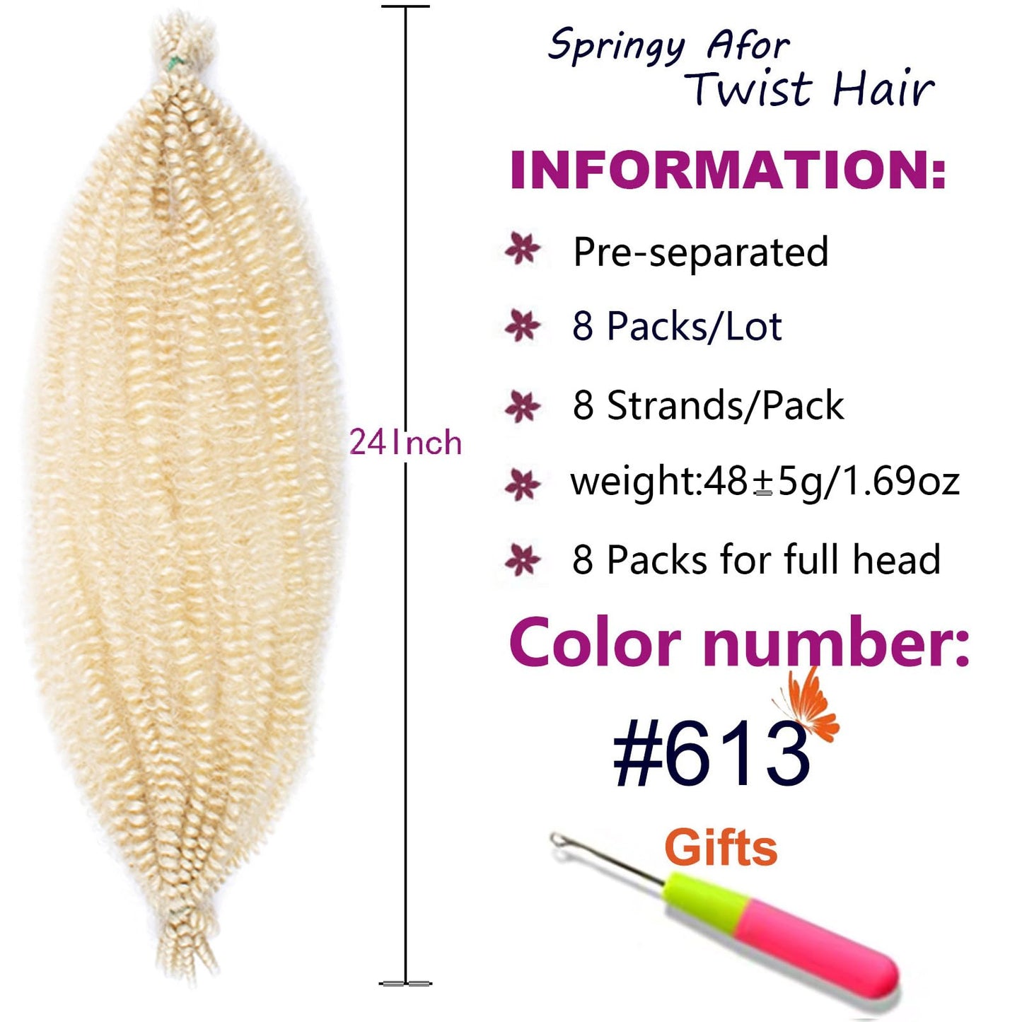 ZRQ 24 Inch Pre-Separated Springy Afro Twist Hair For Distressed Locs 8 Packs Marley Crochet Braiding Hair Blond Synthetic Hair Extension For Black Women 8 Strands/Pack (613#)