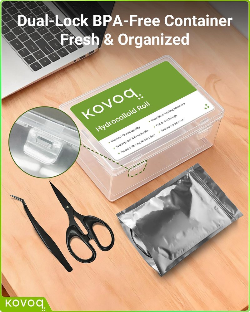 Hydrocolloid Roll Bandages for Wound Care, Kovoq Medical Grade Hydrocolloid Pimple Patches Tape Sterile and Waterproof, with DIY Size & Shape Tools Scissor and Tweezer (2in * 12ft)