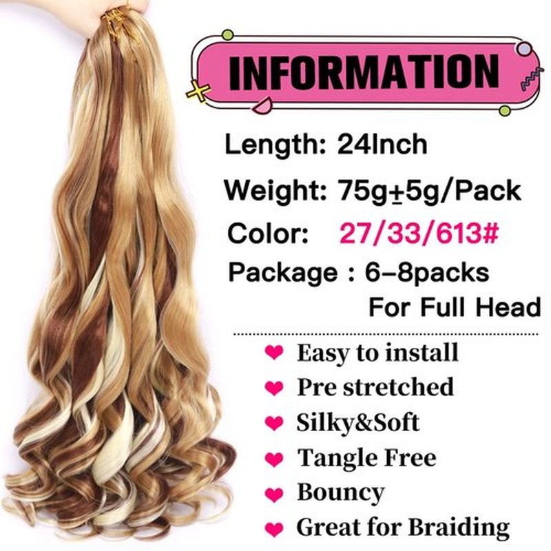 Pre Stretched Braiding Hair 20 Inch Loose Wave Crochet Braids Hair 8 packs Big wavy curly Bouncy Braiding Hair Curly Synthetic (P-27/33/613, 24inch(pack of 8))