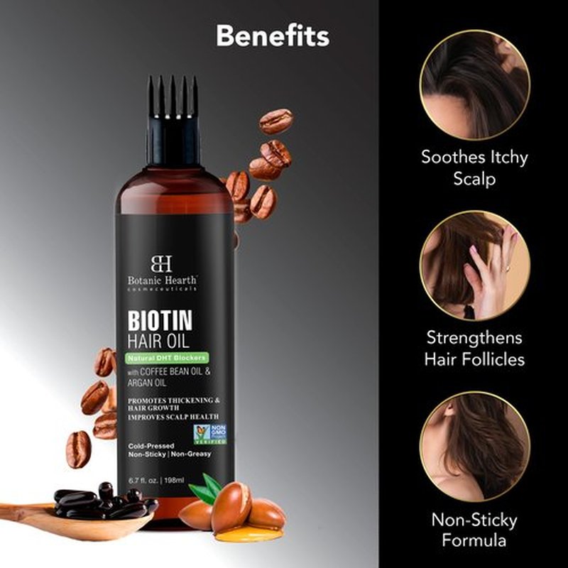 Botanic Hearth Biotin Hair Oil For Hair Growth Infused With Coffee Bean Oil & Argan Oil | Hair Strenghtening Treatment | Nourishing & Volumizing | Non GMO Verified | 6.7 fl oz