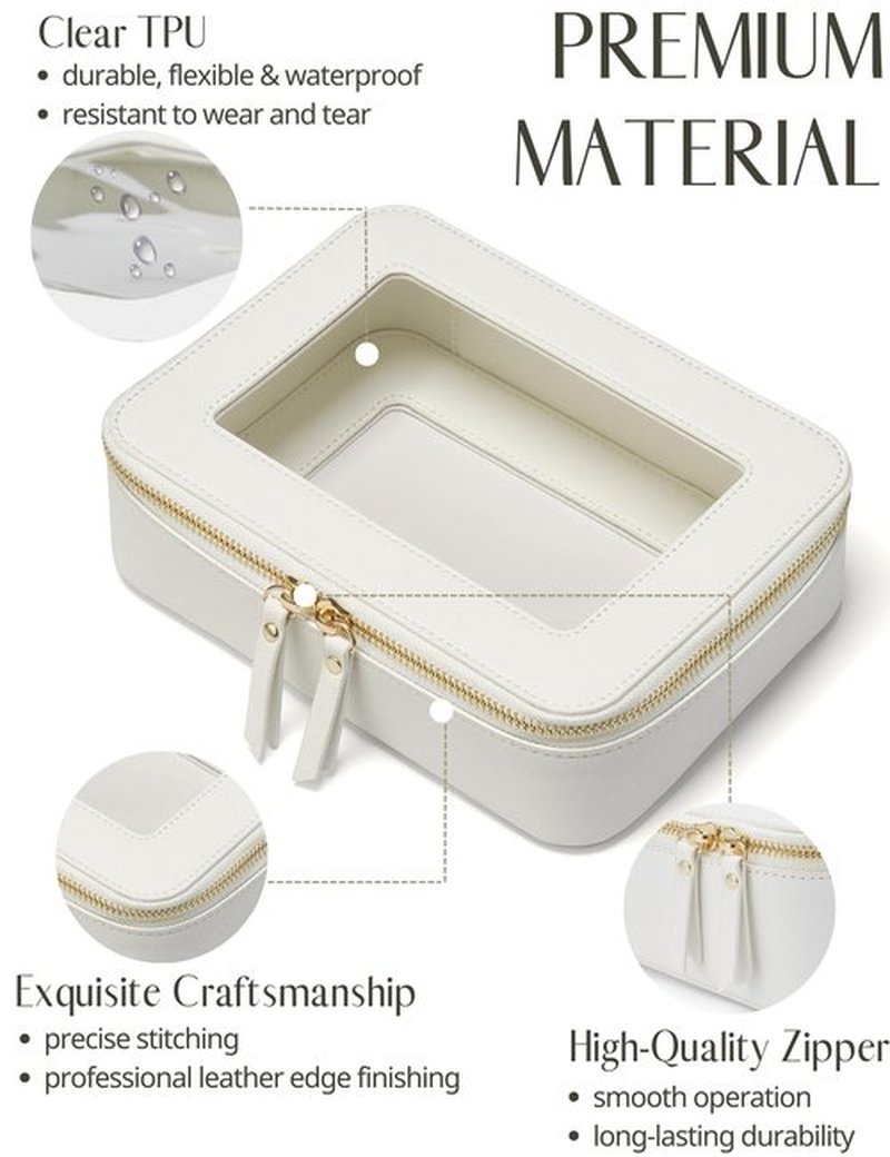 Popvibe Clear Makeup Case White Toiletry Bag Travel Medium Clear Cosmetic Bag with Zipper, Small Make Up Bag Organizer Traveling TSA Approved Transparent Bag Car for Essentials