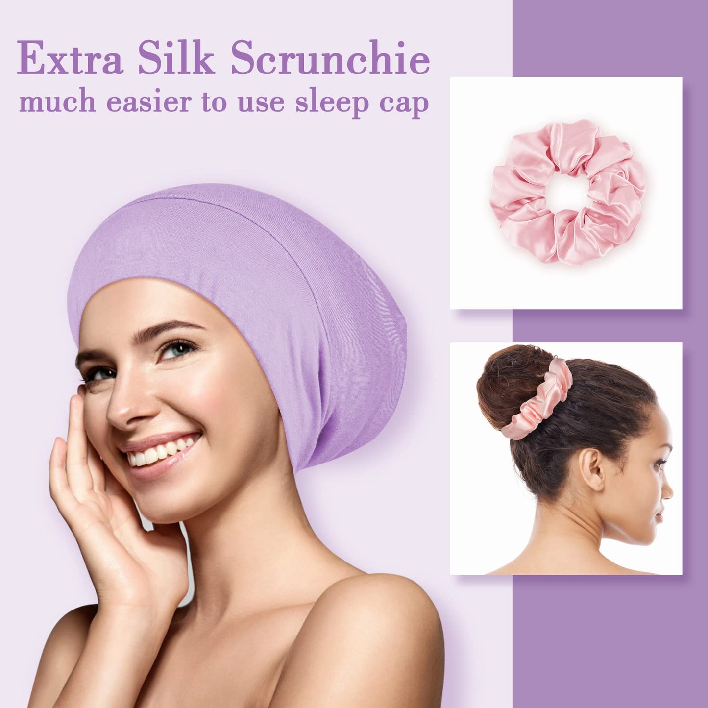 LULUSILK Mulberry Silk Bonnet for Sleeping Women, Real Silk Sleep Cap for Curly Hair and Braids, Pure Silk Head Wrap with Scrunchies, Lavender