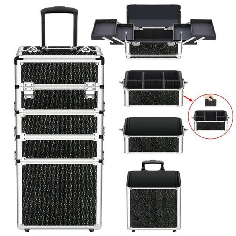 OUDMAY Makeup Case - 4 in 1 Professional Cosmetics Rolling Train Organizer with Aluminum Frame and Folding Trays Black Diamonds