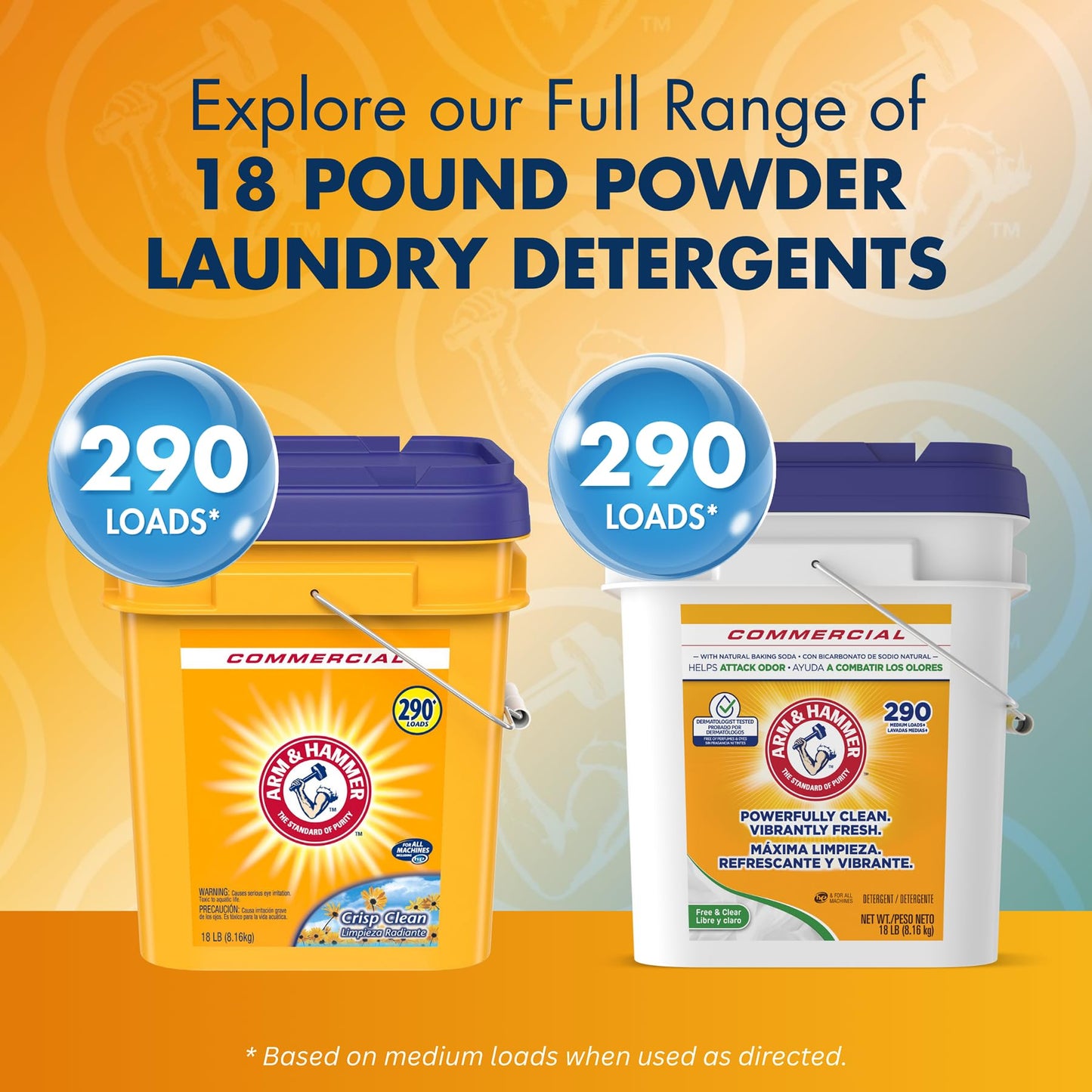Arm & Hammer Powder Laundry Detergent, Professional Soap for Washing Clothes, 290 Loads, Free and Clear, Bulk 18lb Pail