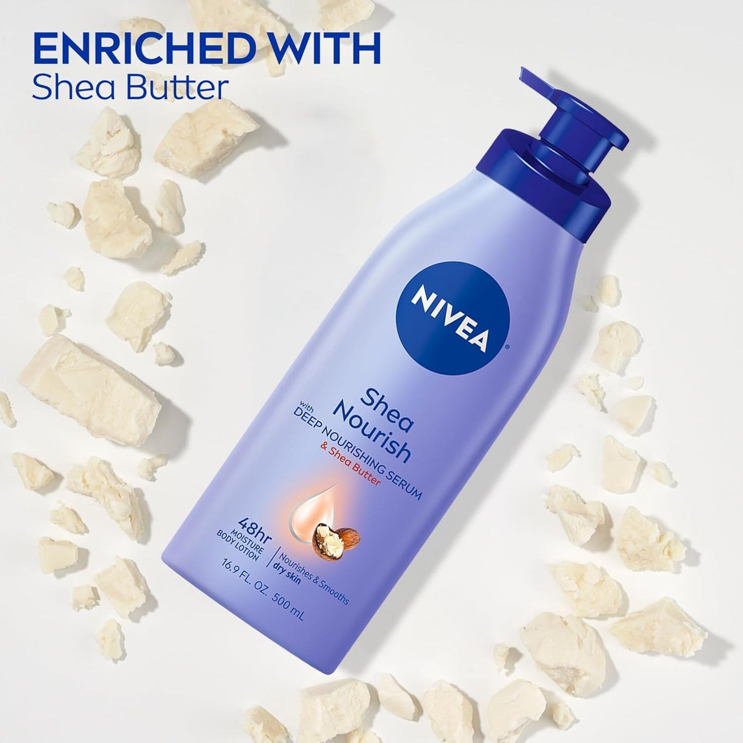 NIVEA Shea Nourish Body Lotion for Dry Skin with Hyaluronic Acid, Shea Butter and Deep Nourishing Serum, 48-Hour Body Moisturizer, 2.5 Fl Oz Bottle, Pack of 6