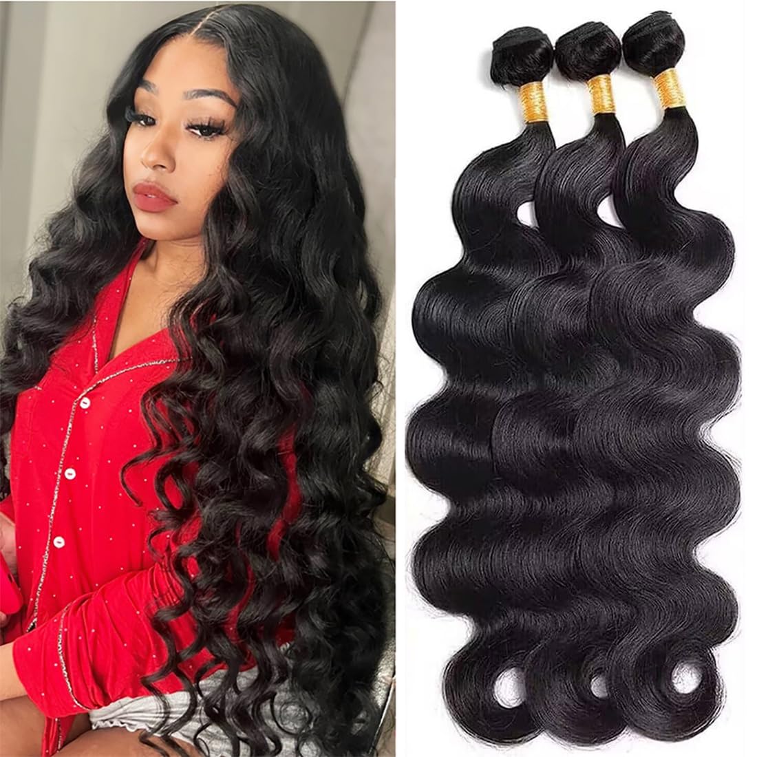 Body Wave Bundles Human Hair 24 26 28 Inch 3 Bundles Human Hair 100% Unprocessed Brazilian Virgin Hair Bundles Body Wave Human Hair Bundles Human Hair Extensions Natural Black
