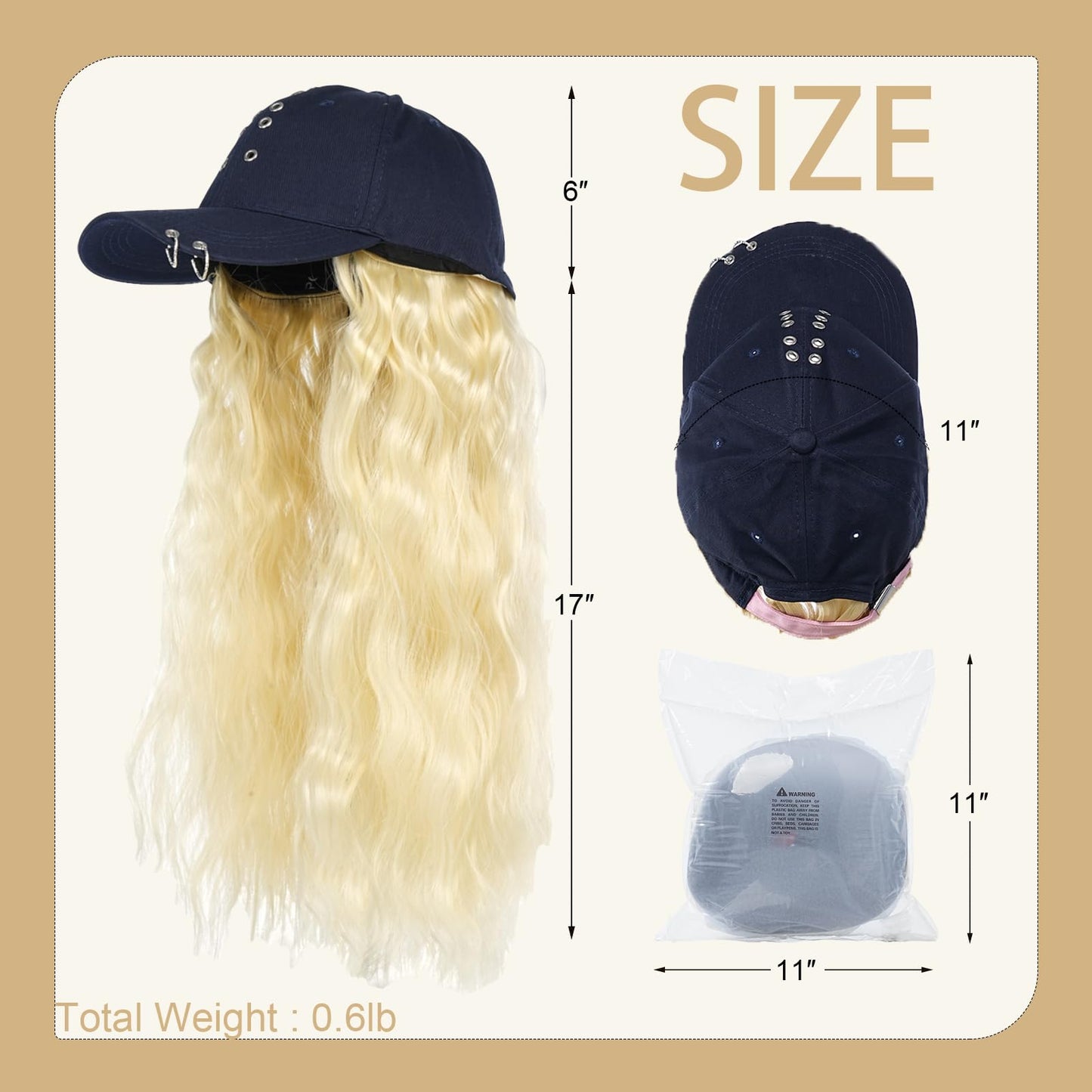 SUNBORRY Hat Wig for Women Baseball Cap with Hair hat with hair attached for women Extensions Adjustable Hat Attached 26" Long Wavy Hairpieces Synthetic Wig