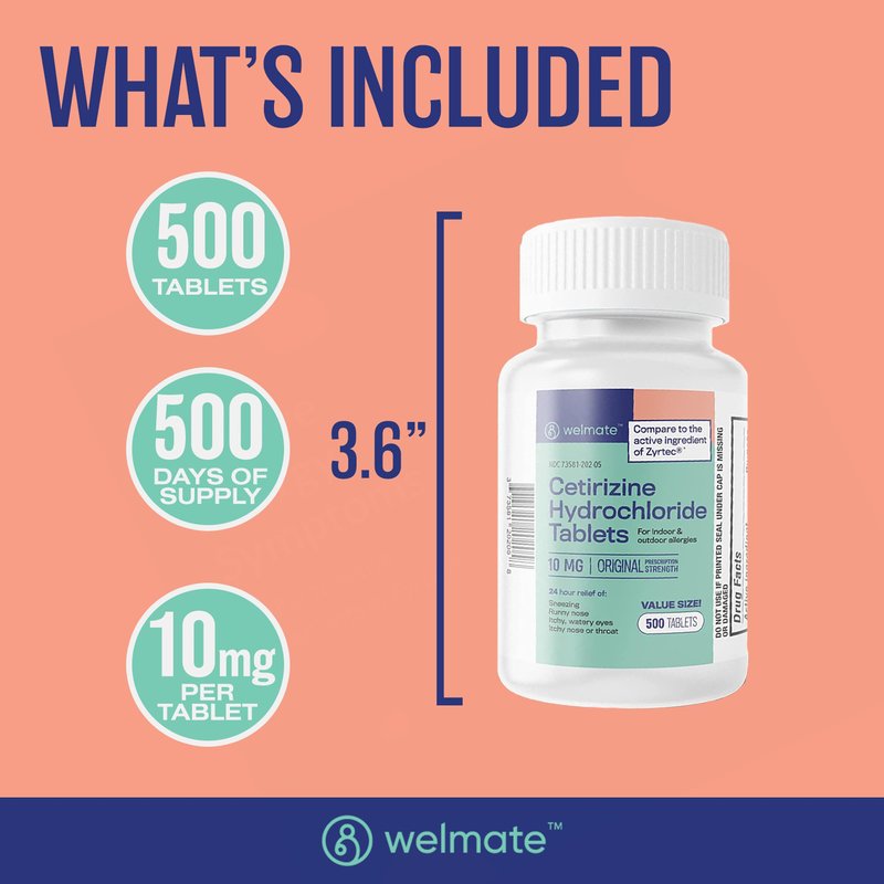 WELMATE - Allergy Relief (500 Tablets) Cetirizine Hydrochloride 10mg - 24 Hours - Non Drowsy - Indoor & Outdoor Allergy Medicine - Antihistamine - Nose, Eyes & Throat - Over-the-Counter Medication