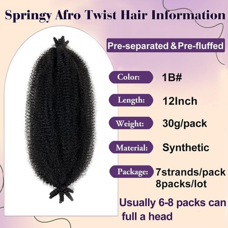 Sunsmilely Springy Afro Twist Hair 12 Inch 1B Afro Twist Hair 8 Packs Marley Twist Braiding Hair Pre-fluffed Spring Twist Hair Natural Black Kinky Twist Hair Synthetic Kinky Braiding Hair Extensions