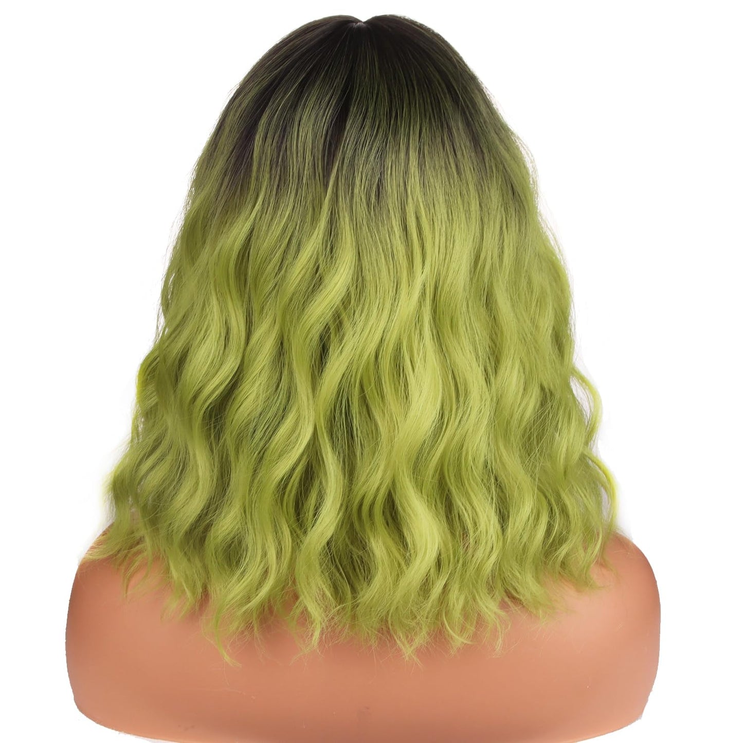 BERON 14 Inches Green Wig with Dark Roots Short Curly Wig Ombre Green Wigs with Bangs for Women Girls