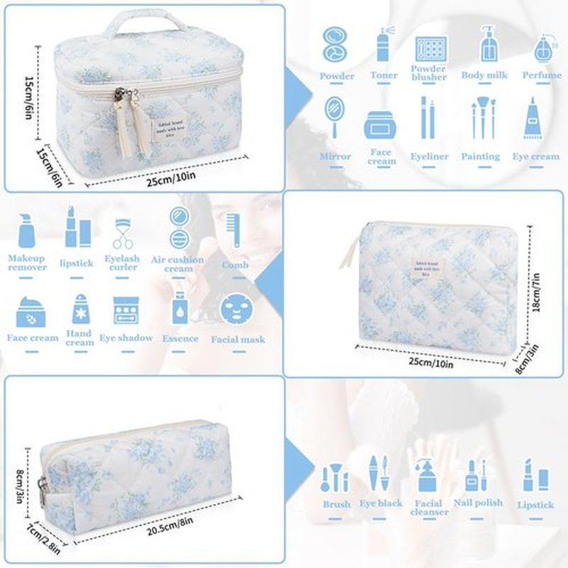 Makeup Bag Set, Quilted Makeup Bag, Large Floral Cosmetic Bag for Women, Cute Cotton Makeup Bags, Flower Travel Toiletry Organizer Bag (Blue Rose)