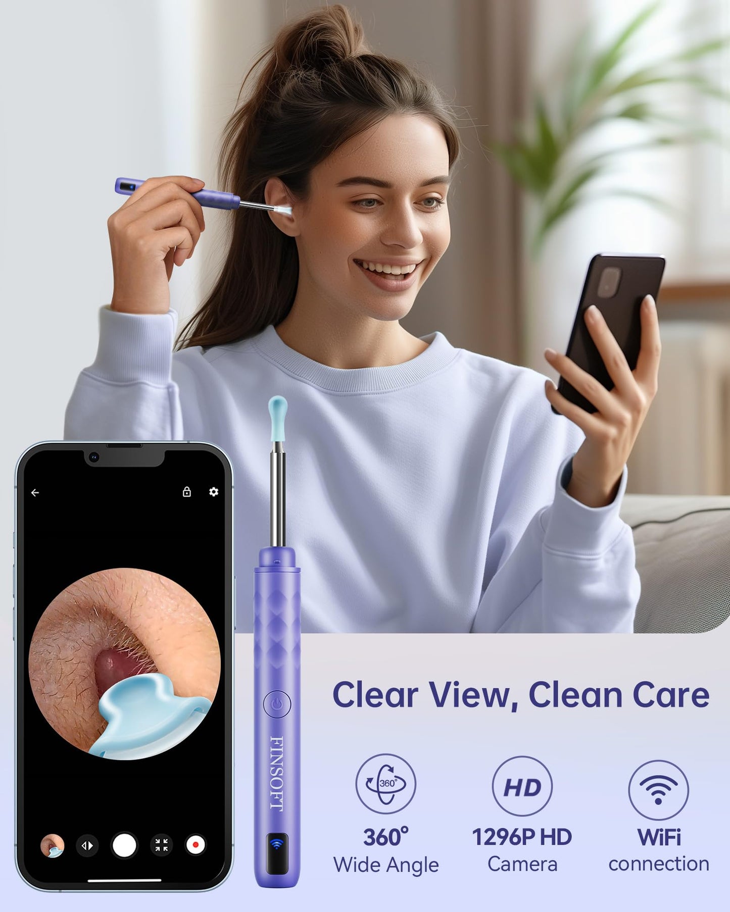 Ear Wax Removal Tool Camera, Ear Cleaner with Camera, Ear Wax Removal Cleaning Kit with 1296P HD Camera and 6 LED Lights, Earwax Removal Kit with 10 Ear Pick for iOS and Android, Lavender