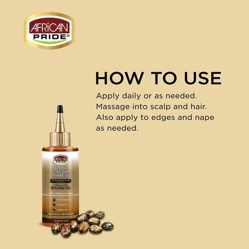 African Pride Black Castor Miracle Hair & Scalp Sealing Oil - Locks in Moisture & Soothes, Contains Black Castor Oil, Tea Tree Oil, Soybean Oil 6 oz (3 Pack)