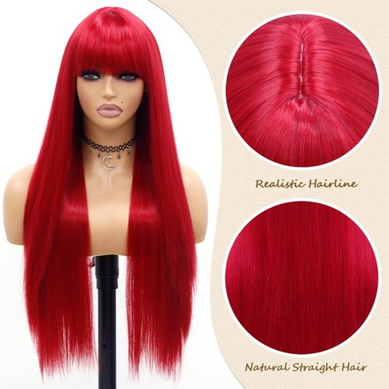 EVLYNN Red Wig With Bangs Straight wig cap for Women Synthetic Burgundy Long Straight Red Wigs for Fashion Women No Lace Wig for Daily Party Cosplay 26 Inch
