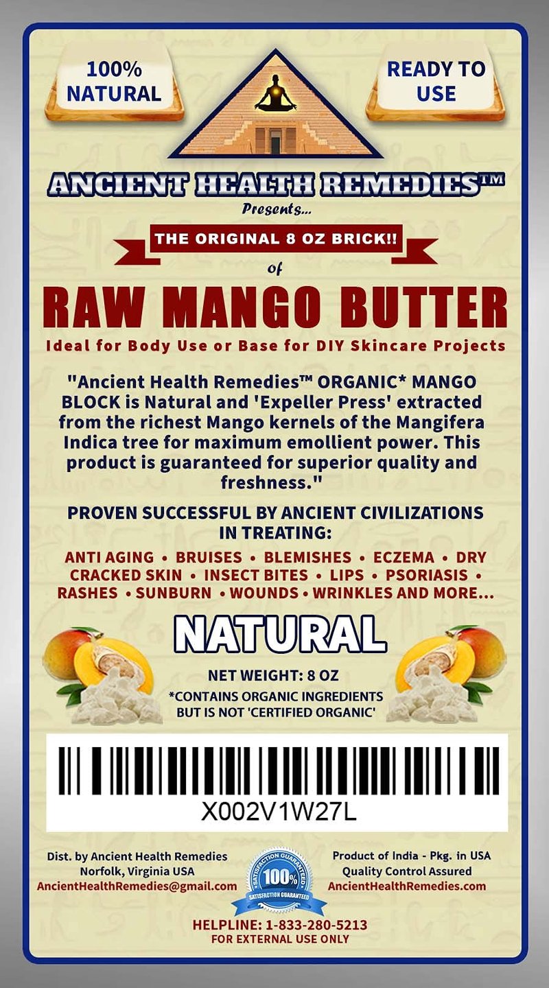 ANCIENT HEALTH REMEDIES Organic Unrefined Raw MANGO BUTTER JAR/BLOCKS Bulk, Light Mango Aroma, Non-Greasy Base for Beauty, Skin Moisturizing, DIY Base for Body Butter & Hand Creams (JAR, 7.9999)