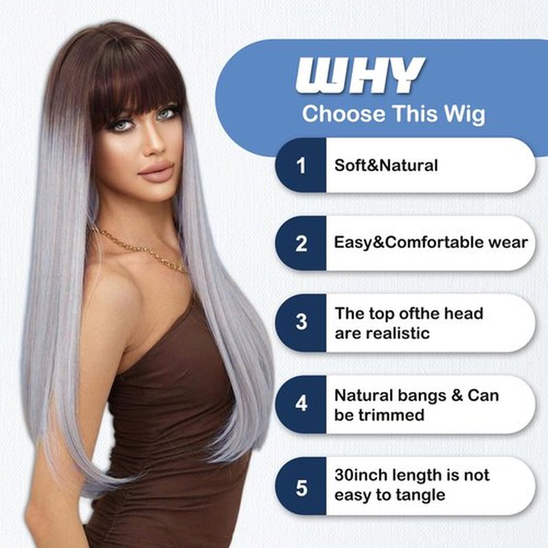 MISSQUEEN Long Straight Brown Omber Grey Wig Brown Omber Grey Blue Wigs with Bangs Natural-Looking Heat-Resistant Synthetic Wigs for Women Girls Daily Party Cosplay Travel Used