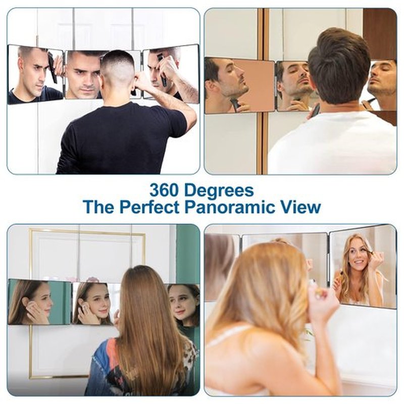 3 Way Trifold Haircut Mirror, 360 Degree Mirror for Hair Cutting, Shaving, Grooming, Hair Styling, Dye Hair and Makeup with Adjustable Height Brackets, Portable for Travel, Bedrooms, Bathroom (Black)