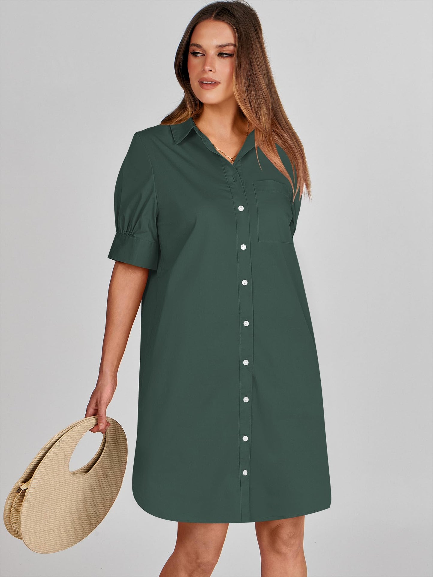 ANRABESS Womens Button Down Shirt Dress Summer Short Sleeve Business Casual Shift Dresses with Pockets 2026 Trendy Army Green Small
