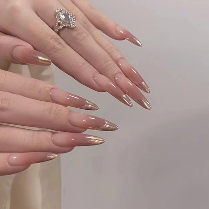 Lurenia • Lxssie Handmade French Press On Nails Set - Reusable Nail Art with Nude Pink Ombre Metallic Finish - Perfect for Women (SMALL-Metallic Nude Pink, )