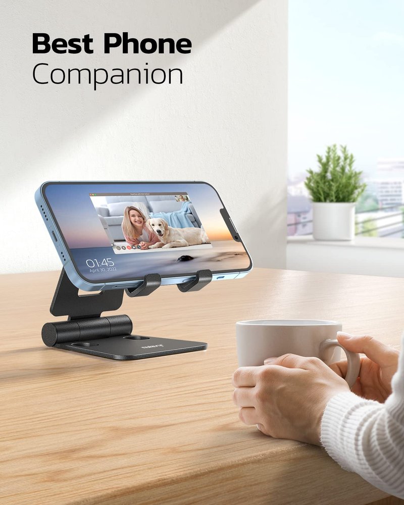 Nulaxy 2 Pack Dual Folding Cell Phone Stand, Fully Adjustable Foldable Desktop Phone Holder Cradle Dock Compatible with iPhone 17 16 15 14 13 12 Pro Max Xs Xr X 8, All Phones, Black
