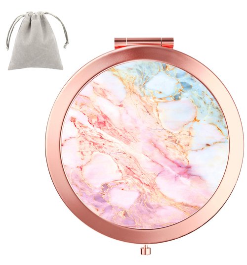 Dynippy Compact Mirror Rose Gold Makeup Mirror Folding Mini Pocket Mirror Portable Hand Mirror Double-Sided 2 x 1x Magnification for Woman Girls (A-Pink Marble)